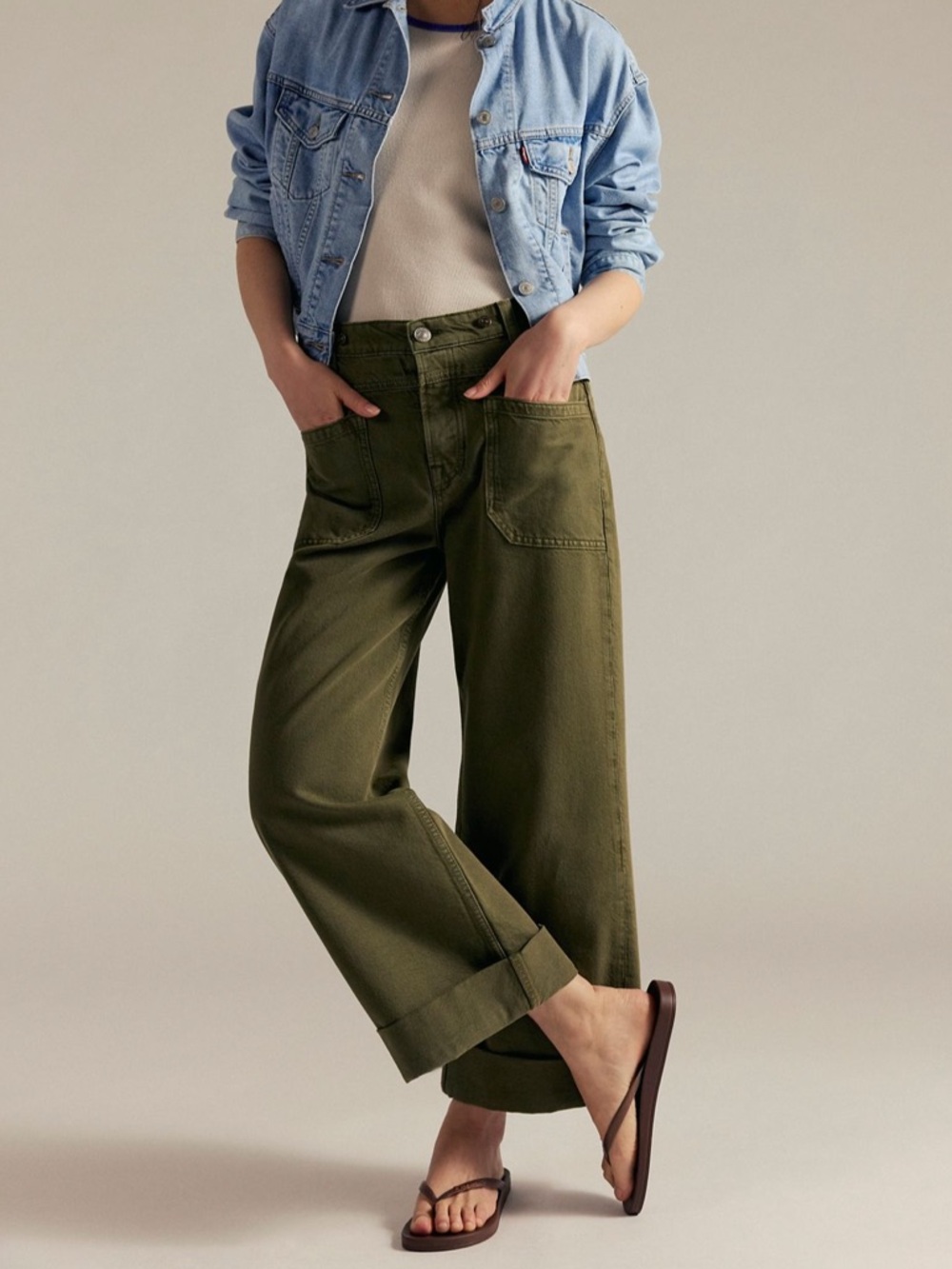Free People We the Free Palmer Cuffed Jeans Olive Green High Rise Wide Leg Sz 29